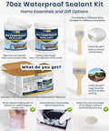 Image of 70Oz Waterproof Sealant Kit, featuring cans, brushes, and application examples for roofs and walls.