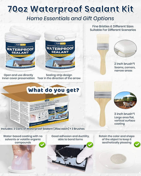 Image of 70Oz Waterproof Sealant Kit, featuring cans, brushes, and application examples for roofs and walls.