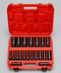 Heavy Duty 20 Piece Impact Socket Set With Case Fits Metric Sizes For Pro Mechanics, Garage DIYers, And Workshop Pros Who Need A Super Durable Chrome Molybdenum Air Tool Kit To Get The Job Done Fast. Red case with 20 black metric impact sockets