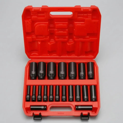 Heavy Duty 20 Piece Impact Socket Set With Case Fits Metric Sizes For Pro Mechanics, Garage DIYers, And Workshop Pros Who Need A Super Durable Chrome Molybdenum Air Tool Kit To Get The Job Done Fast. Red case with 20 black metric impact sockets