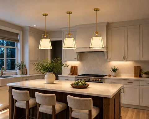 Karjearl Gold Pendant Lights Kitchen Island, 12.2" Linen Drum Chandelier above a modern kitchen island with bar stools.