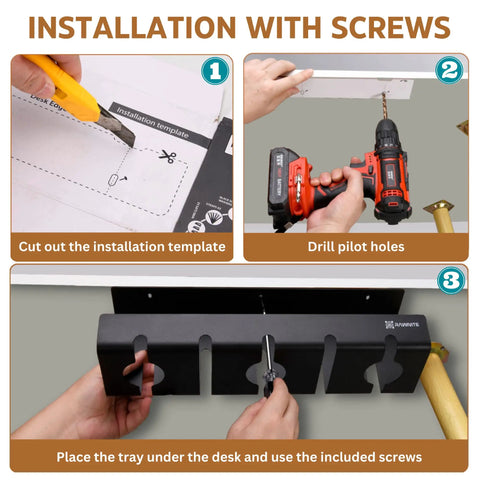 Installation steps for 2 Pack Under Desk Cable Management Tray With 15.7 Inch Cord Organizer using screws under desk.