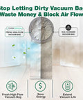 High Efficiency Replacement Vacuum Bags For ProTeam 6QT Commercial Backpack Vacuums, showing clean vs clogged bag comparison