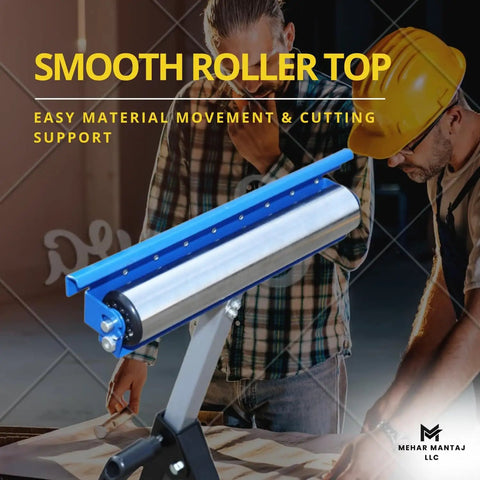 Heavy Duty Folding Roller Stand with adjustable steel support and smooth roller, anti slip base, used for woodworking and DIY projects.