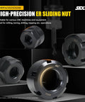 5PC Heavy Duty ER Collet Sliding Nut M50 X 1.5 With Balanced Eccentric Design For Rock Solid CNC Mill Clamp featuring various nut sizes.