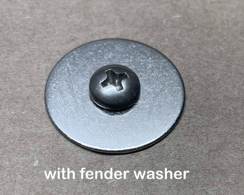 No 10 X 1 Stainless Steel Pan Head Sheet Metal Screws Full Thread Phillips Drive with fender washer, installed view