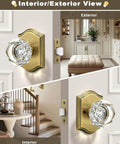 Interior and exterior view of Octagonal Diamond Crystal Doorknob In Antique Brass Finish on white interior and tan exterior doors.