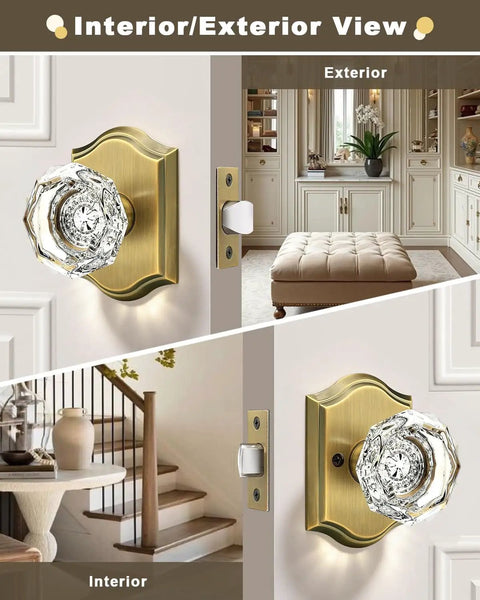 Interior and exterior view of Octagonal Diamond Crystal Doorknob In Antique Brass Finish on white interior and tan exterior doors.