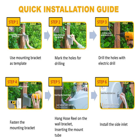Quick installation guide for Heavy Duty Wall Mounted Garden Hose Reel With Auto Rewind, 100 Plus 6 Feet Hose, showing six steps.