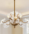 Modern Gold Chandelier Vintage Brass Flower Glass Pendant Light Mid Century Ceiling Lamp with crystal shade details.