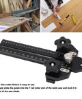 Thin Rip Jig for Table Saw Guide Aluminum Alloy Body T Track Mount with metric and imperial scale on woodworking table