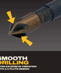 DEWALT countersink drill bit front view; brass/gold body with black tip, 5-flute design