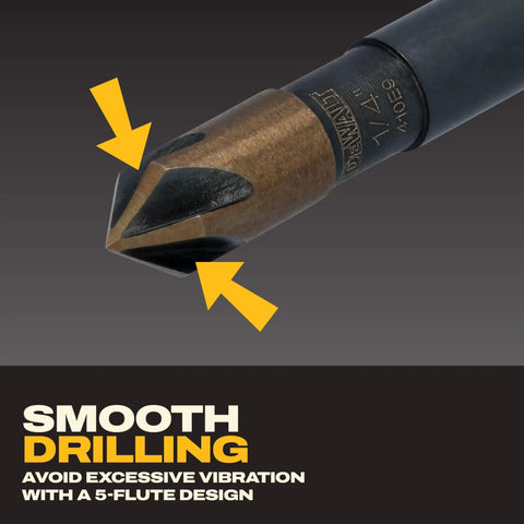 DEWALT countersink drill bit front view; brass/gold body with black tip, 5-flute design