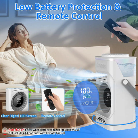 Four In One Portable Misting Fan With Rechargeable 10000mAh Battery and remote control used in living room