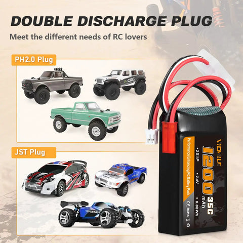 Power Up Your RC Ride With 7.4V 1200mAh LiPo Battery 2S 35C Burst 70C PH2.0 JST Plug And 1to2 USB Charger Fits SCX24 RC Trucks