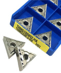 Premium 10 Piece Carbide Turning Indexable Inserts TNMG160402 nestled in blue storage box for CNC lathe, ideal for aluminum wood work.