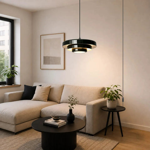 Black Swag Pendant Light Plug in, Mid Century Modern Pendant Lamp with Layered Metal Shade, overhead view in a cozy living room.