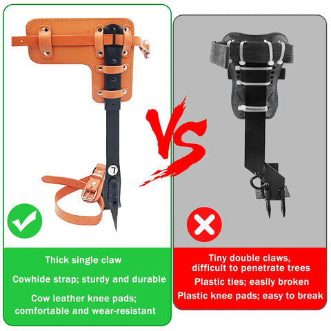 Comparison of tree climbing gear set with adjustable spikes and ergonomic foot design for logging and forestry, pro grade climbing spurs.