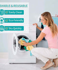 Woman placing clothes in washing machine with text showing washable, reusable, easy to clean, eco-friendly, and quick drying features.