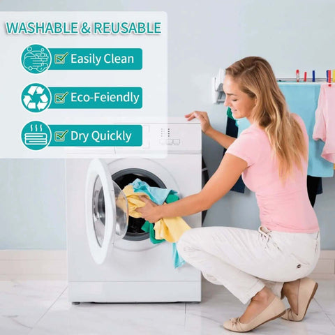 Woman placing clothes in washing machine with text showing washable, reusable, easy to clean, eco-friendly, and quick drying features.