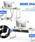 Before and after of desk with No Drill Desk Cable Tray Set, 2 Pack 15.7 Inch Steel Wire And Cord Organizer installed, reducing clutter.