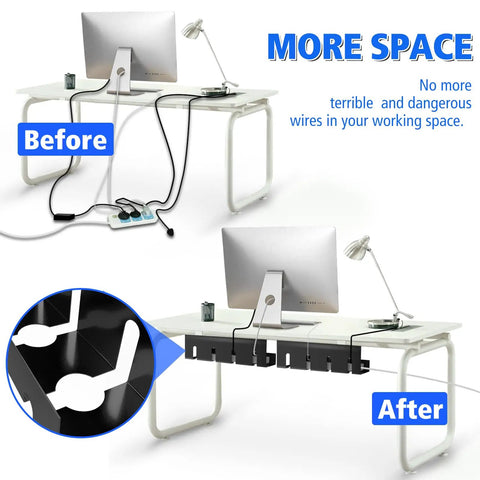 Before and after of desk with No Drill Desk Cable Tray Set, 2 Pack 15.7 Inch Steel Wire And Cord Organizer installed, reducing clutter.