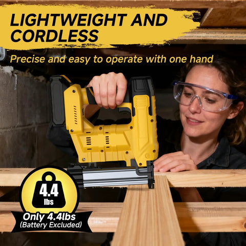 Cordless Two In One 18 Gauge Brad Nailer And Stapler Battery Powered Nail Gun With Fasteners For Wood Carpentry Trim Framing Tool Only in use, lightweight at 4.4 lbs.