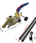 Heavy Duty Portable Gas Cutting Torch With Adjustable Speed Track That Knocks Out Any Metal Cutting Job Fast And Leaves Clean Cuts On Steel Plate Up To One Point Two Inches Thick, showing dimensions and accessories.