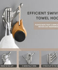 Foldable Three-Arm Swivel Wall Hook In Brushed Nickel Finish, Space-Saving Bathroom Organizer for Towels Robes Coats Hats displayed on wall