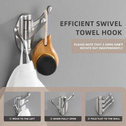 Foldable Three-Arm Swivel Wall Hook In Brushed Nickel Finish, Space-Saving Bathroom Organizer for Towels Robes Coats Hats displayed on wall