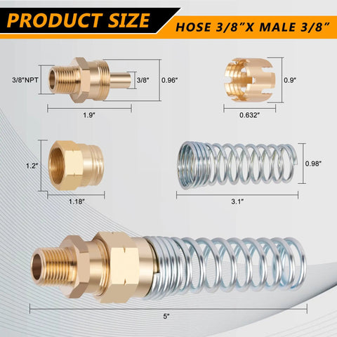 Air Brake Fittings Kit Beefed-Up Brass DOT 3/8 Inch Hose To 3/8 Inch Male End Connector With Spring Guard, dimensions shown