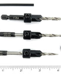 Number Eight Wood Countersink Drill Bit Pro Grade Three Piece Kit With Adjustable Depth Guide Tapered Cutters and hex wrench.