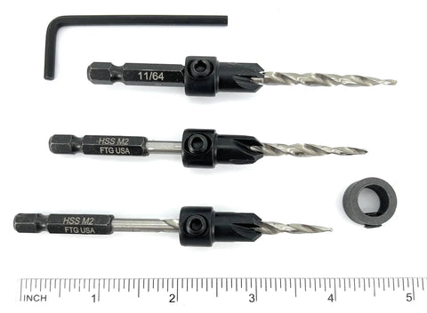 Number Eight Wood Countersink Drill Bit Pro Grade Three Piece Kit With Adjustable Depth Guide Tapered Cutters and hex wrench.