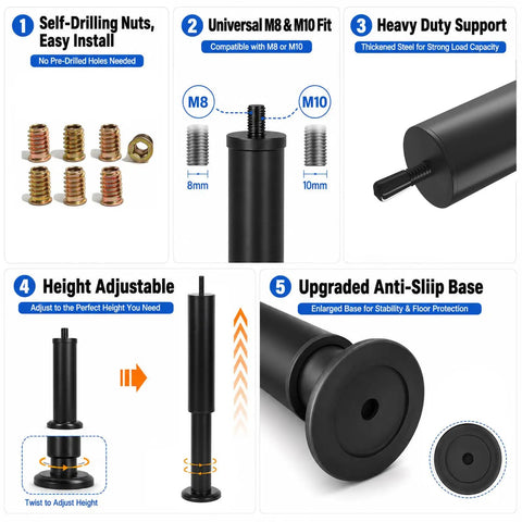 Heavy Duty Adjustable Bed Frame Support Legs 7 To 12 Inch Set All Metal With Enlarged Non Slip Rubber Bases