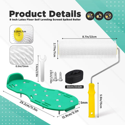 9 Inch Spiked Roller Kit For Self Leveling Concrete And Epoxy Floors Includes 3 Spiked Rollers Roller Stand And Shoes Product Details