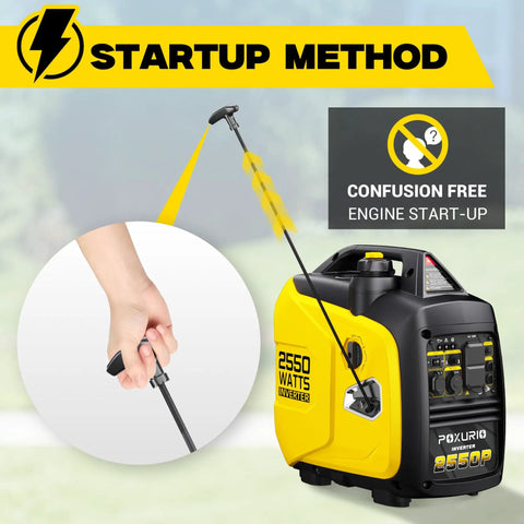 2550W Portable Inverter Generator For Home Use With 1.06 Gallon Fuel Tank And Up To 10 Hours Runtime 120V Gas Powered Super Quiet EPA Compliant Outdoor Backup Power Yellow showing pull handle startup method