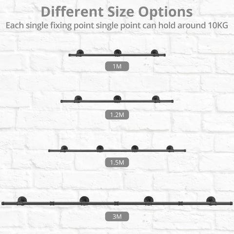 Different size options for the Straight Up Reliable Black Industrial Pipe Handrail in 1M, 1.2M, 1.5M, and 3M lengths.