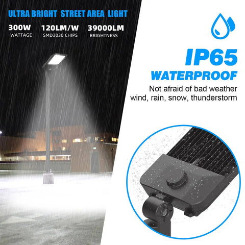 Beast Bright 300W LED Parking Lot Light with 39,000 Lumens, 5000K Daylight Color, IP65 Waterproof in rainy parking lot.