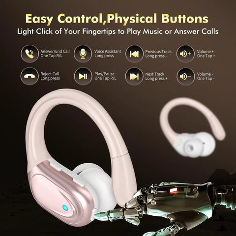 Wireless Sports Buds With LED Power Display, 80 Hours Playtime, Rose Gold earbuds with physical button control.