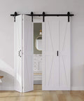 Space Saving White Bifold Sliding Barn Door Kit 60x84 Inch With K Shaped Panel And Sliding Hardware installed in bedroom