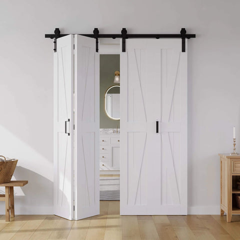 Space Saving White Bifold Sliding Barn Door Kit 60x84 Inch With K Shaped Panel And Sliding Hardware installed in bedroom