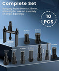 10 Piece Blind Hole Bearing Puller Set for Motorcycles 8 to 25 mm, showing collets and leg range for wheel hub extraction.