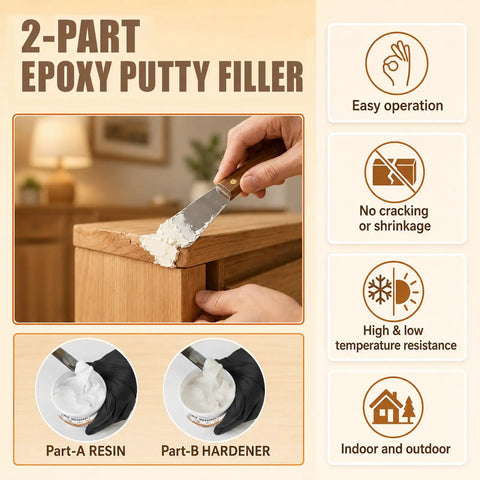 Person applying Tough As Nails Epoxy Wood Putty And Hardener Blend Two Part Formula For Plugging Cracks 17 64 Oz on wood surface.