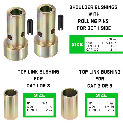 Cat 1 Quick Hitch Adapter Bushing Kit For Category 1 3 Point Tractors And Implements, Durable Quick Hitch Accessory To Secure Attachments, Easy Install, Fits Most Cat 1 3 Point Systems. zinc-plated steel bushings and roll pins with size chart