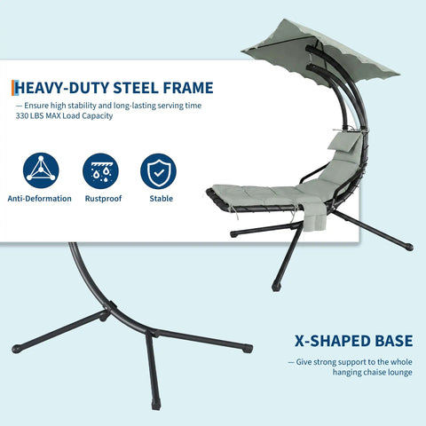 Outdoor Chaise Lounger Swing Chair With Umbrella Canopy Hanging Patio Chair With Stand Curved Steel Cantilever Lounge