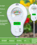6 In 1 Soil Tester Kit with PH Moisture Light Temp Humidity Fertility Readouts and Dual Screen Display measuring soil metrics