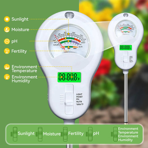 6 In 1 Soil Tester Kit with PH Moisture Light Temp Humidity Fertility Readouts and Dual Screen Display measuring soil metrics