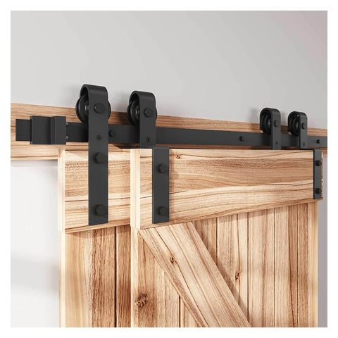 8Ft Bypass Sliding Barn Door Hardware Kit For Low Ceiling And Double Doors, Heavy Duty Carbon Steel Track System With Quiet Smooth Rolling Rollers, Overlapping Tracks, Supports Up To 200 Lbs, Corrosion Resistant installed on wood doors