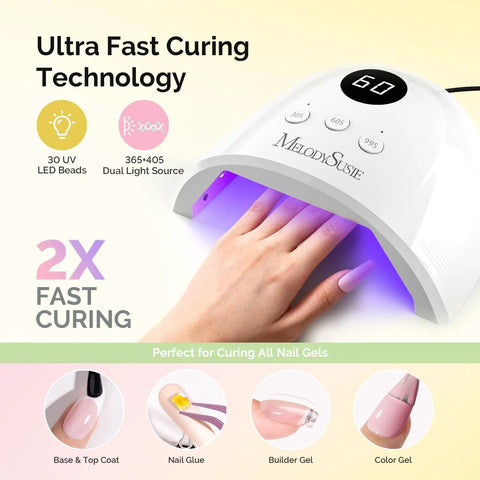 Gel Nail Polish Kit With P Plus 30F UV Light Lamp For Home DIY Mani showing hand under UV light with curing features