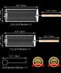Image showing two sizes of Rolling Grill Basket With Removable Beech Wood Handle 304 Stainless Steel Construction Nesting Grill Gear with dimensions.